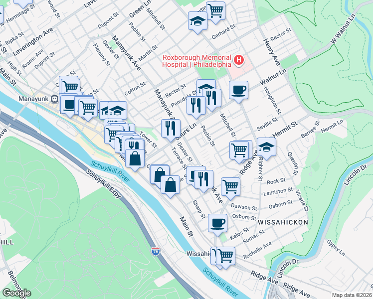 map of restaurants, bars, coffee shops, grocery stores, and more near 3943 Terrace Street in Philadelphia