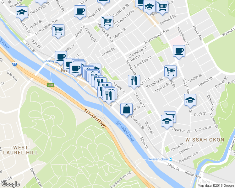 map of restaurants, bars, coffee shops, grocery stores, and more near 118 Shurs Lane in Philadelphia
