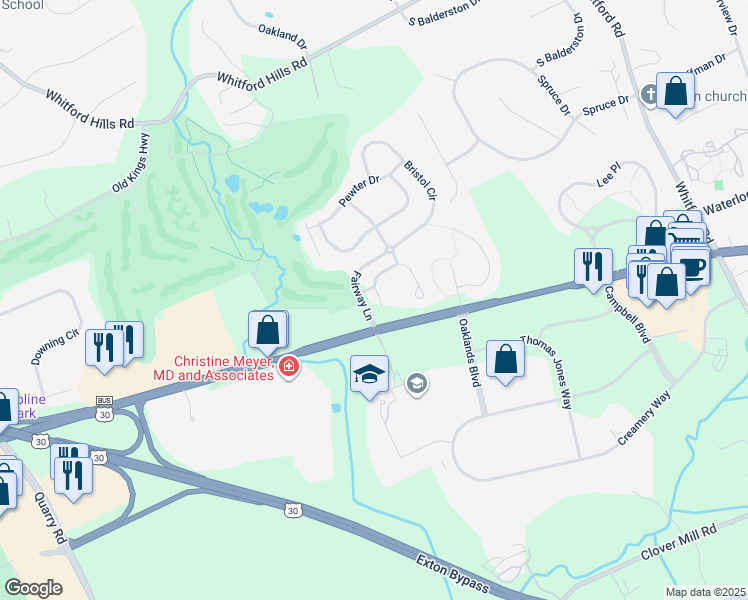 map of restaurants, bars, coffee shops, grocery stores, and more near 79 Buttonwood Drive in Exton