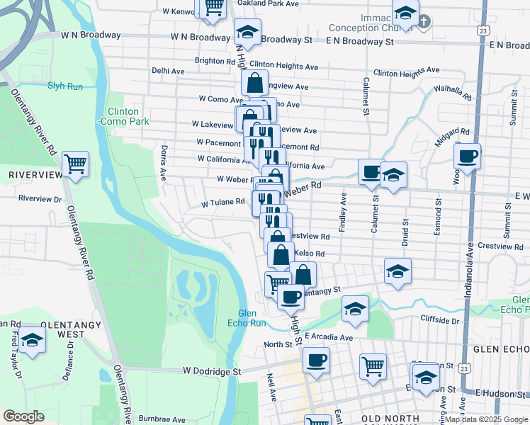 map of restaurants, bars, coffee shops, grocery stores, and more near 29 West Tulane Road in Columbus