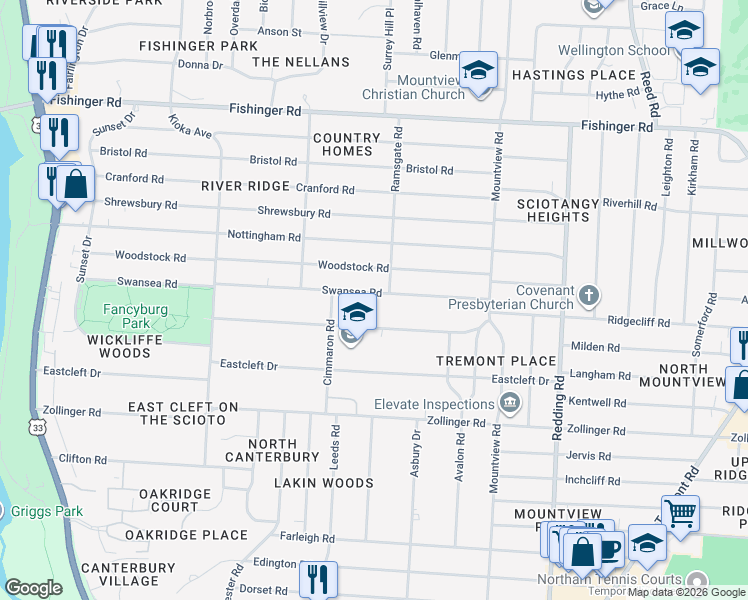 map of restaurants, bars, coffee shops, grocery stores, and more near 2378 Wickliffe Road in Columbus