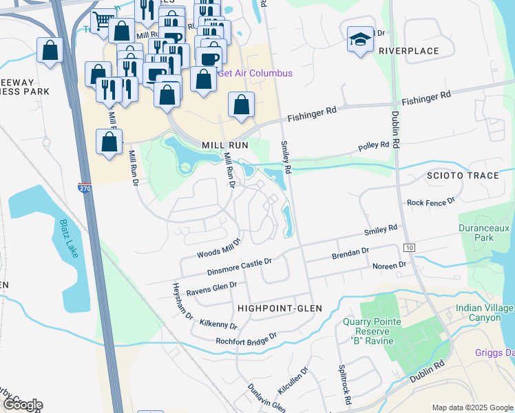 map of restaurants, bars, coffee shops, grocery stores, and more near 3377 Eastwoodlands Trail in Hilliard
