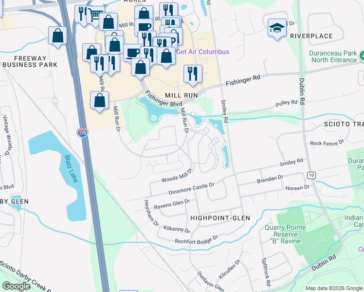 map of restaurants, bars, coffee shops, grocery stores, and more near 3280 Mill Run Drive in Hilliard