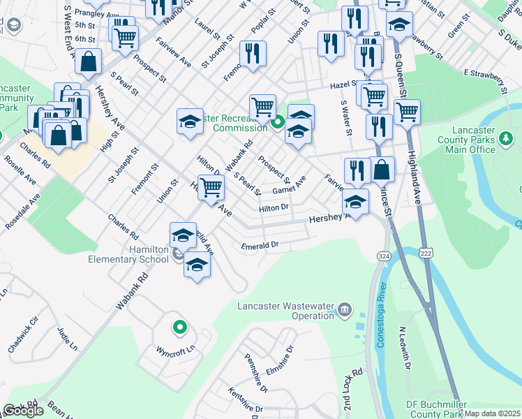 map of restaurants, bars, coffee shops, grocery stores, and more near 701 Hilton Drive in Lancaster