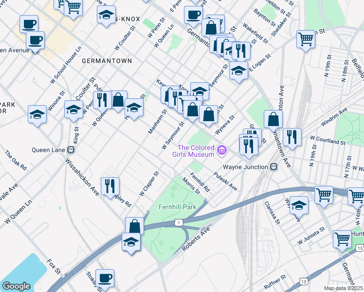 map of restaurants, bars, coffee shops, grocery stores, and more near 4917 Pulaski Avenue in Philadelphia