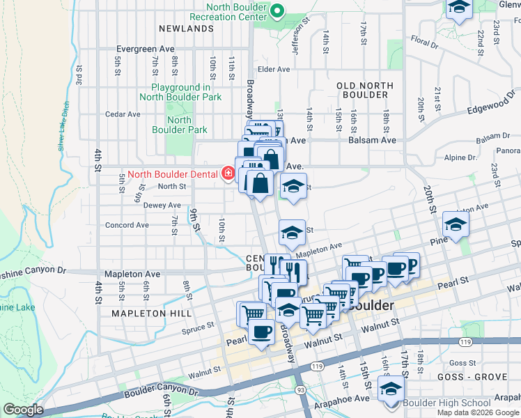 map of restaurants, bars, coffee shops, grocery stores, and more near 2463 Broadway in Boulder