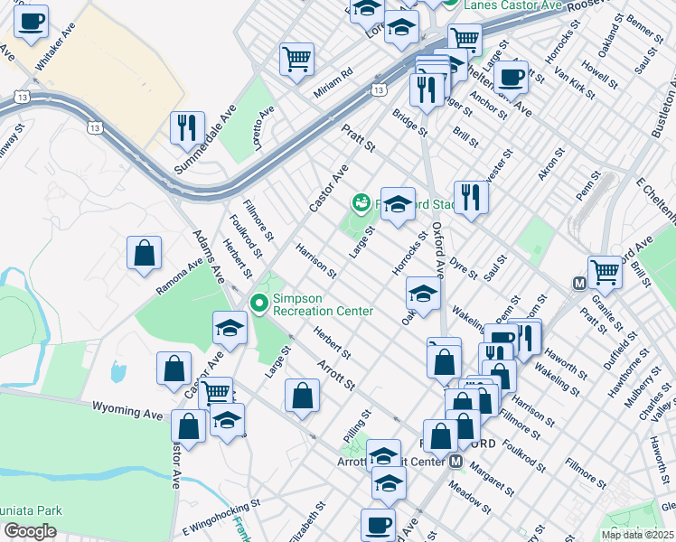 map of restaurants, bars, coffee shops, grocery stores, and more near 1027 Harrison Street in Philadelphia