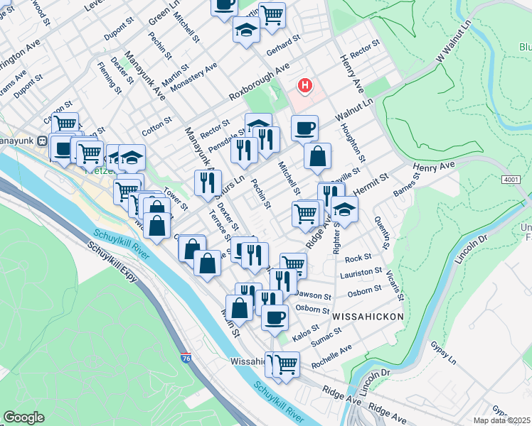 map of restaurants, bars, coffee shops, grocery stores, and more near 4012 Pechin Street in Philadelphia