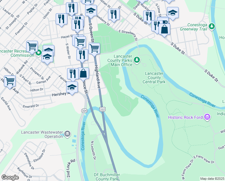 map of restaurants, bars, coffee shops, grocery stores, and more near 719 Highland Avenue in Lancaster