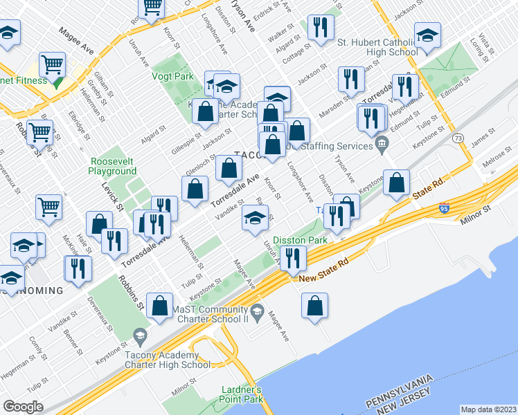 map of restaurants, bars, coffee shops, grocery stores, and more near 4800 Rawle Street in Philadelphia