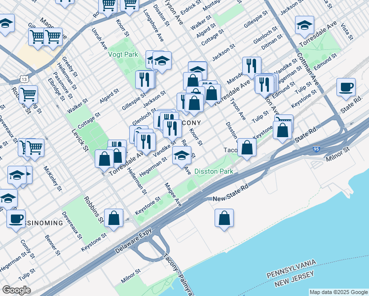 map of restaurants, bars, coffee shops, grocery stores, and more near 4800 Rawle Street in Philadelphia