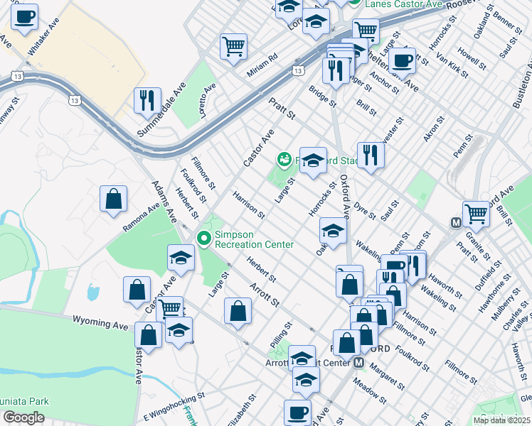 map of restaurants, bars, coffee shops, grocery stores, and more near 1027 Harrison Street in Philadelphia