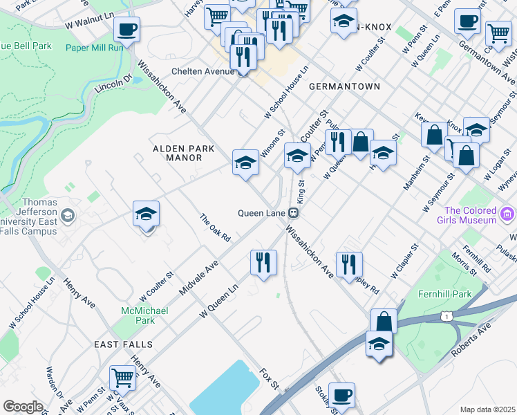 map of restaurants, bars, coffee shops, grocery stores, and more near 5400 Wissahickon Avenue in Philadelphia