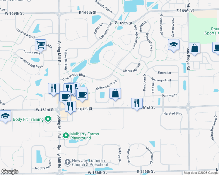 map of restaurants, bars, coffee shops, grocery stores, and more near 16243 Milhousen Trail in Westfield