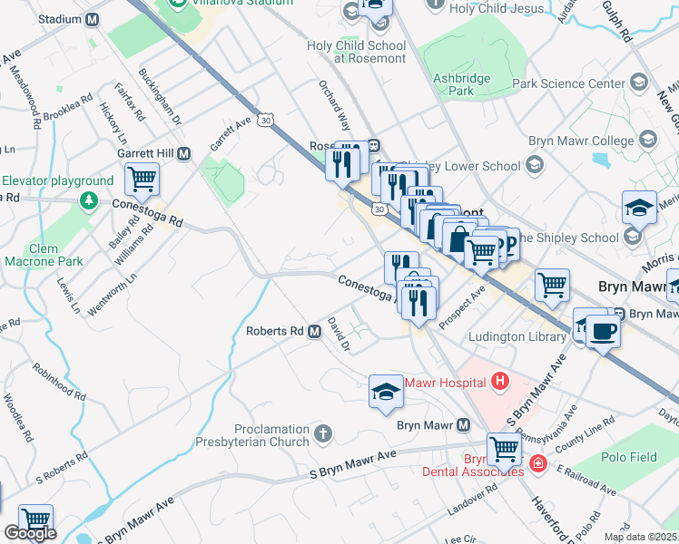 map of restaurants, bars, coffee shops, grocery stores, and more near 200 South Roberts Road in Bryn Mawr