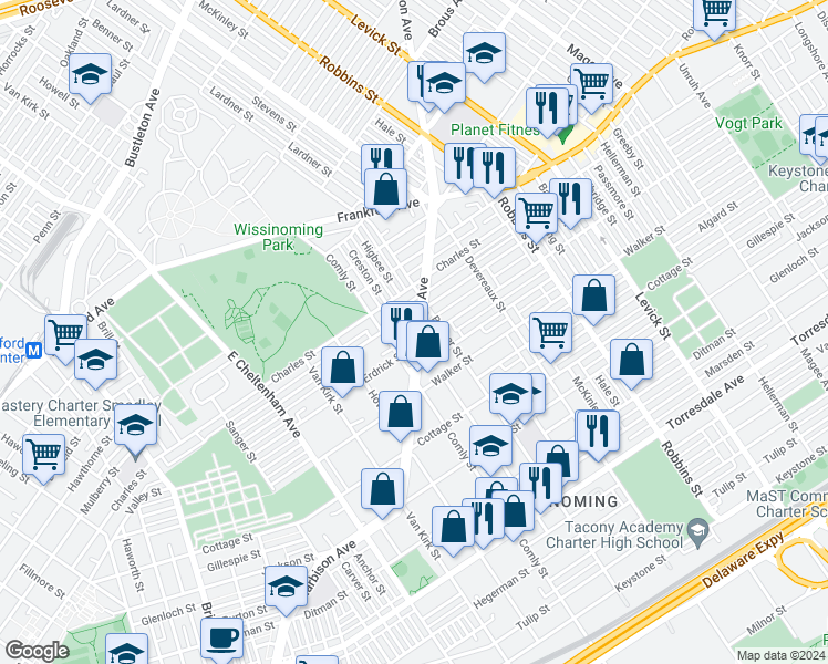 map of restaurants, bars, coffee shops, grocery stores, and more near 4122 Higbee Street in Philadelphia