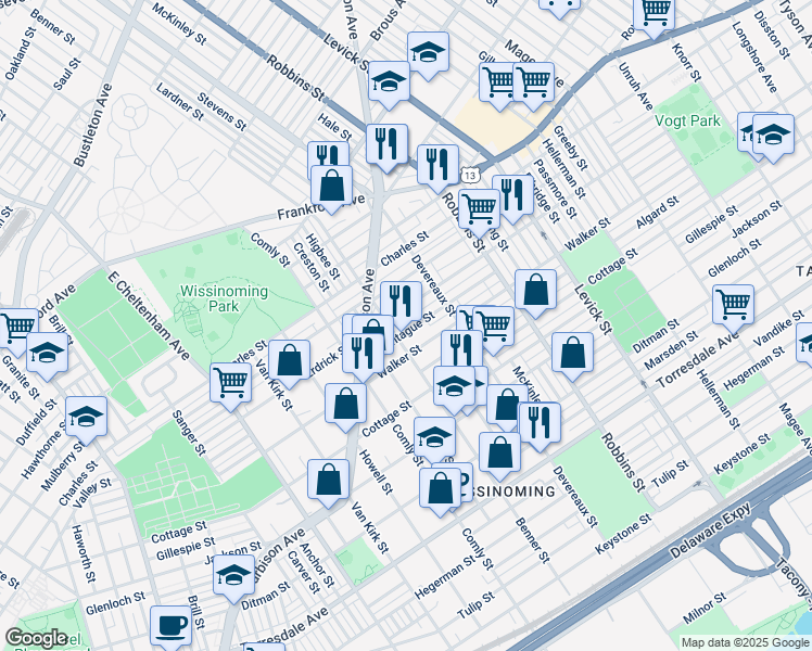 map of restaurants, bars, coffee shops, grocery stores, and more near 6112 Montague Street in Philadelphia