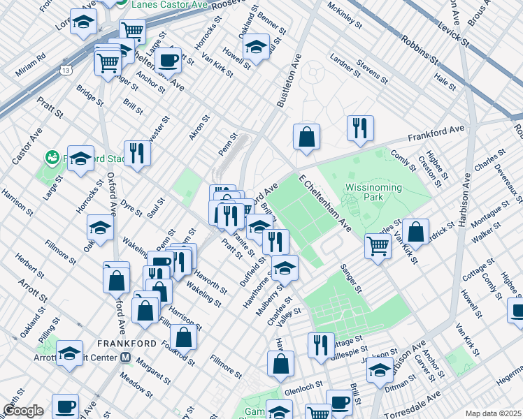 map of restaurants, bars, coffee shops, grocery stores, and more near 1608 Brill Street in Philadelphia