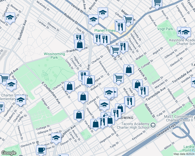 map of restaurants, bars, coffee shops, grocery stores, and more near 6112 Montague Street in Philadelphia