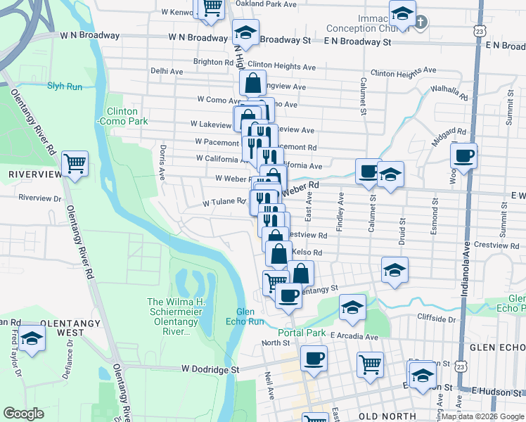 map of restaurants, bars, coffee shops, grocery stores, and more near 29 West Tulane Road in Columbus