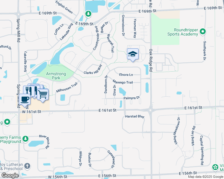 map of restaurants, bars, coffee shops, grocery stores, and more near 16209 Etna Drive in Westfield