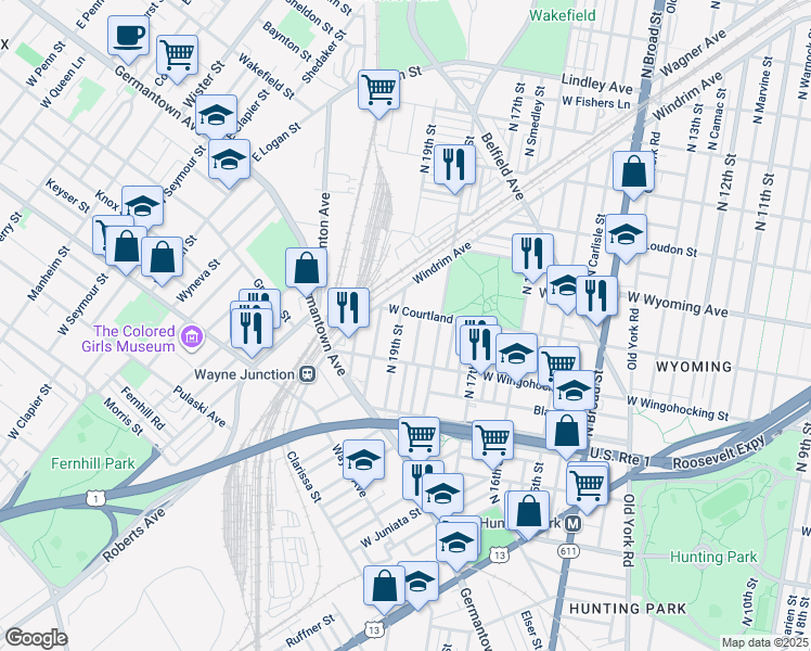 map of restaurants, bars, coffee shops, grocery stores, and more near 4549 North 19th Street in Philadelphia