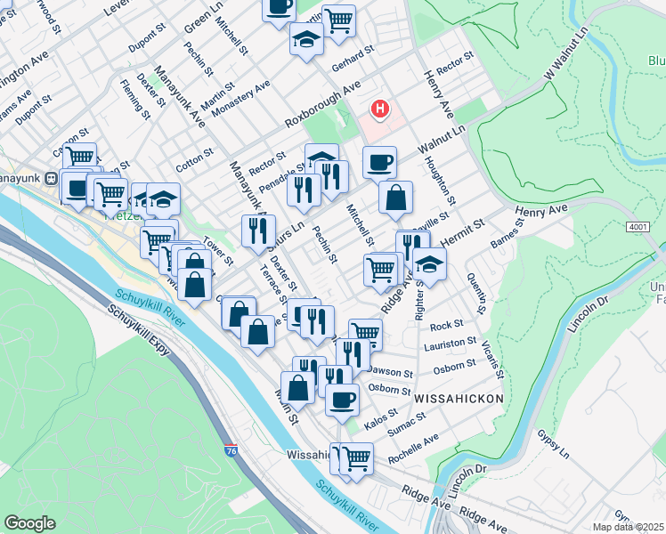 map of restaurants, bars, coffee shops, grocery stores, and more near 4012 Pechin Street in Philadelphia