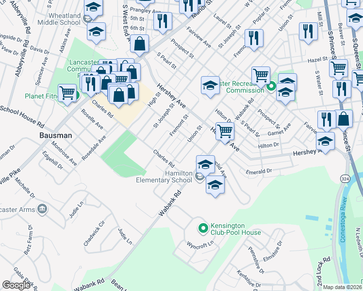 map of restaurants, bars, coffee shops, grocery stores, and more near 1223 Union Street in Lancaster