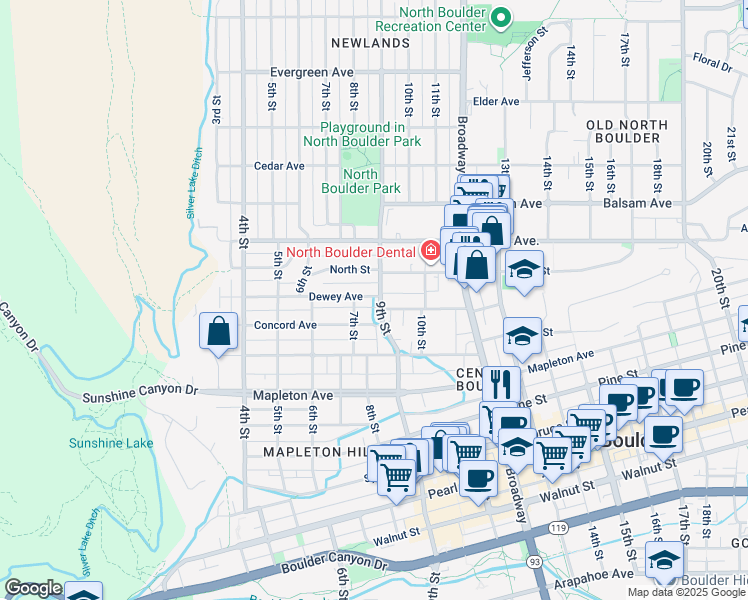 map of restaurants, bars, coffee shops, grocery stores, and more near 2507 9th Street in Boulder