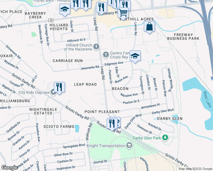 map of restaurants, bars, coffee shops, grocery stores, and more near 3453 Leap Road in Hilliard