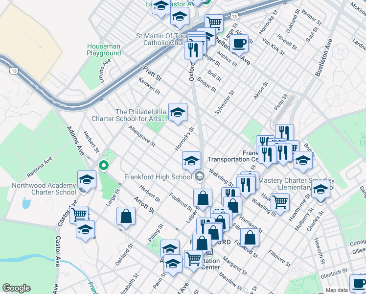 map of restaurants, bars, coffee shops, grocery stores, and more near 1205 Wakeling Street in Philadelphia