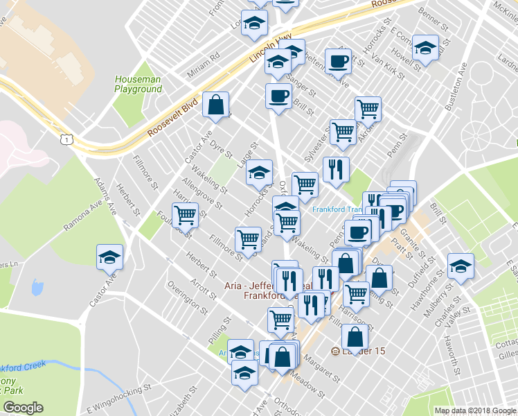 map of restaurants, bars, coffee shops, grocery stores, and more near 1205 Wakeling Street in Philadelphia