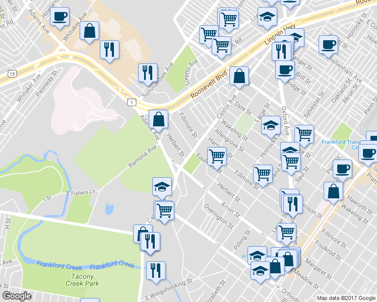 map of restaurants, bars, coffee shops, grocery stores, and more near 4748 Castor Avenue in Philadelphia
