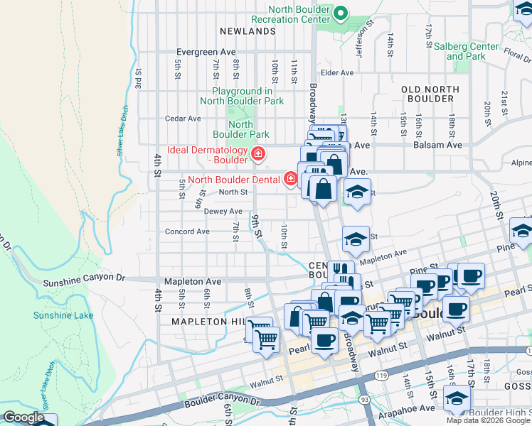 map of restaurants, bars, coffee shops, grocery stores, and more near 932 Portland Place in Boulder