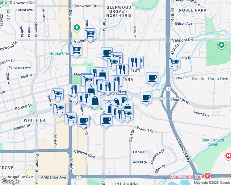 map of restaurants, bars, coffee shops, grocery stores, and more near 3080 Pearl Street in Boulder