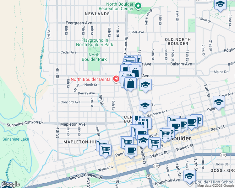 map of restaurants, bars, coffee shops, grocery stores, and more near 1122 Portland Place in Boulder