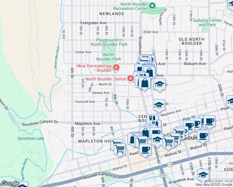 map of restaurants, bars, coffee shops, grocery stores, and more near 932 Portland Place in Boulder