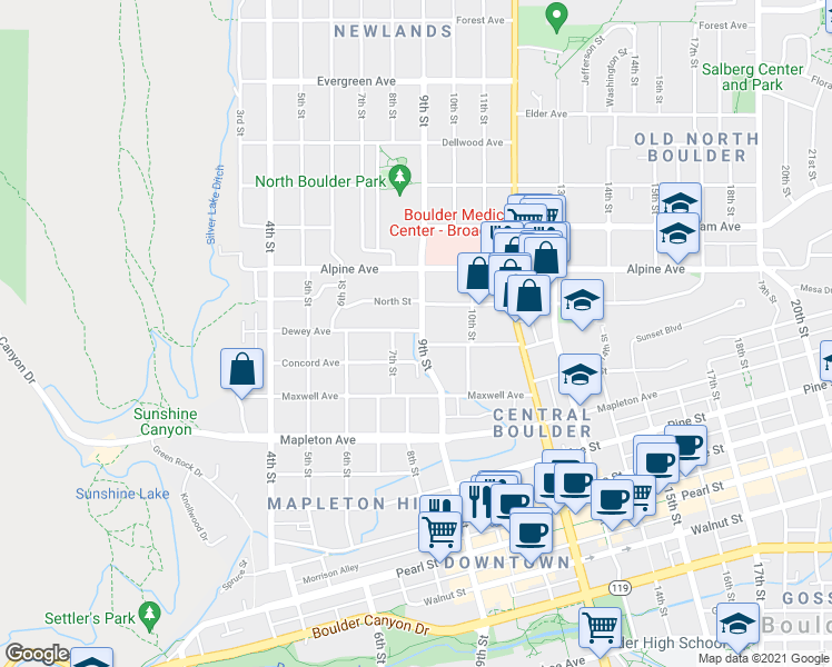 map of restaurants, bars, coffee shops, grocery stores, and more near 2616 7th Street in Boulder