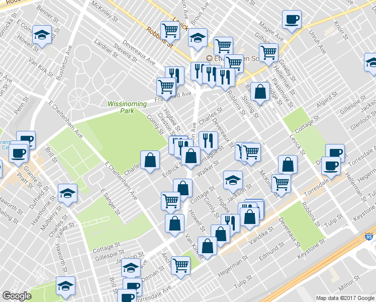 map of restaurants, bars, coffee shops, grocery stores, and more near 6011 Erdrick Street in Philadelphia