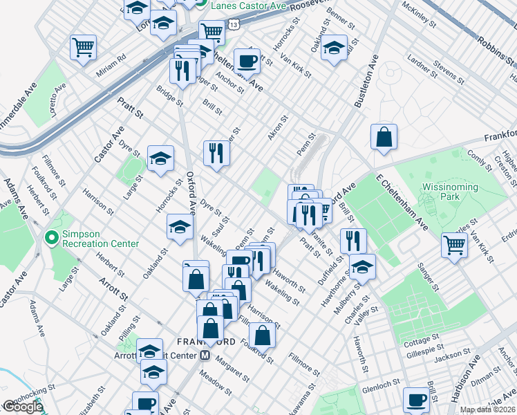 map of restaurants, bars, coffee shops, grocery stores, and more near 5123 Leiper Street in Philadelphia