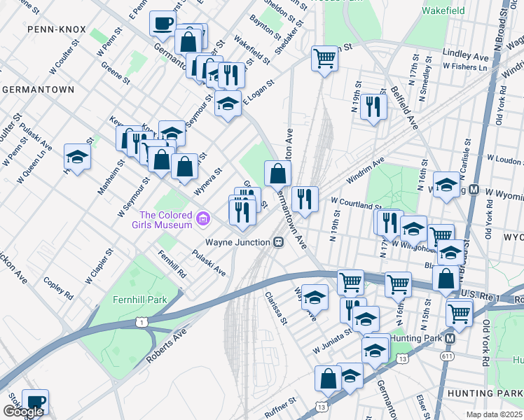 map of restaurants, bars, coffee shops, grocery stores, and more near 130 Berkley Street in Philadelphia