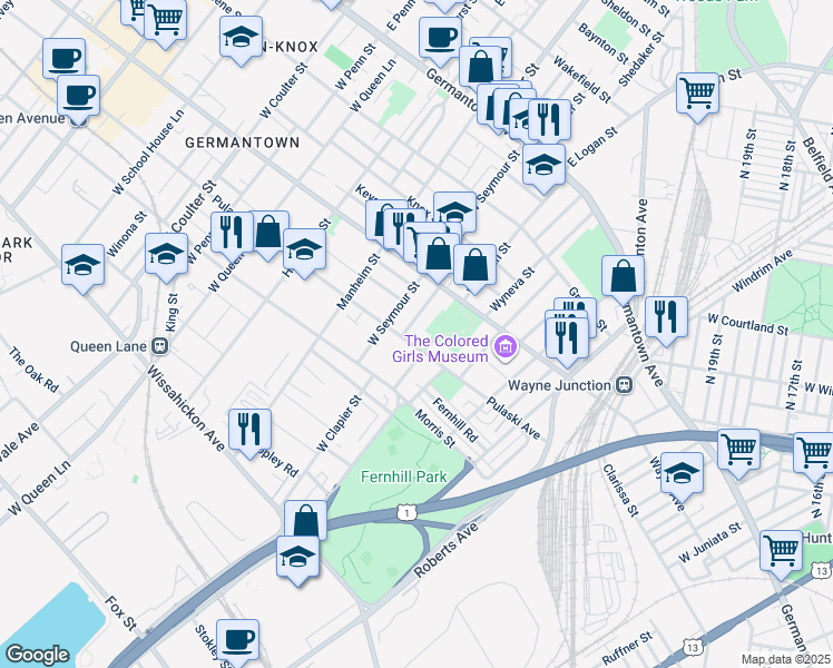 map of restaurants, bars, coffee shops, grocery stores, and more near 4917 Pulaski Avenue in Philadelphia