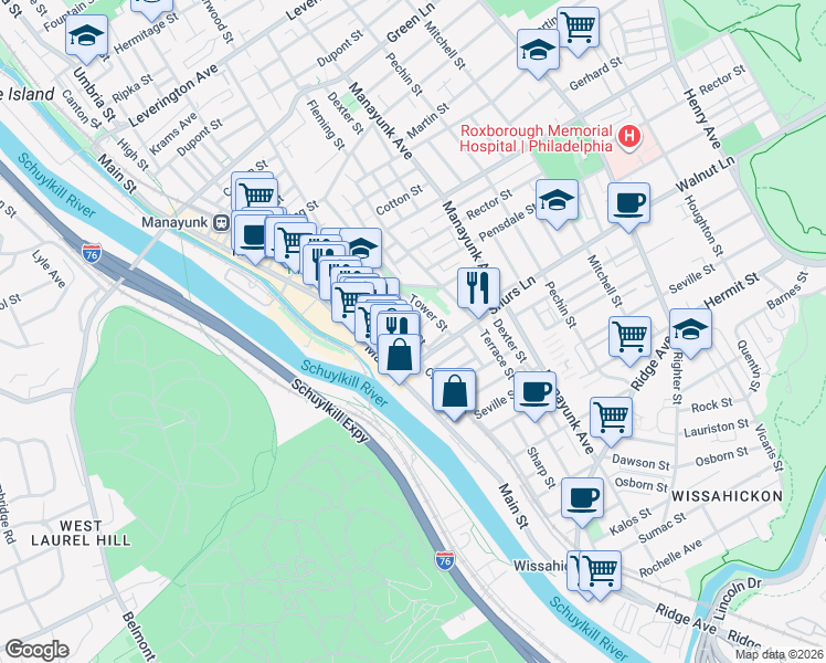 map of restaurants, bars, coffee shops, grocery stores, and more near 118 Shurs Lane in Philadelphia