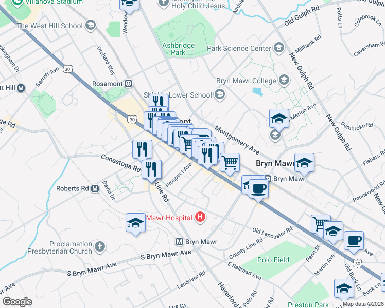 map of restaurants, bars, coffee shops, grocery stores, and more near 930 Lancaster Avenue in Bryn Mawr