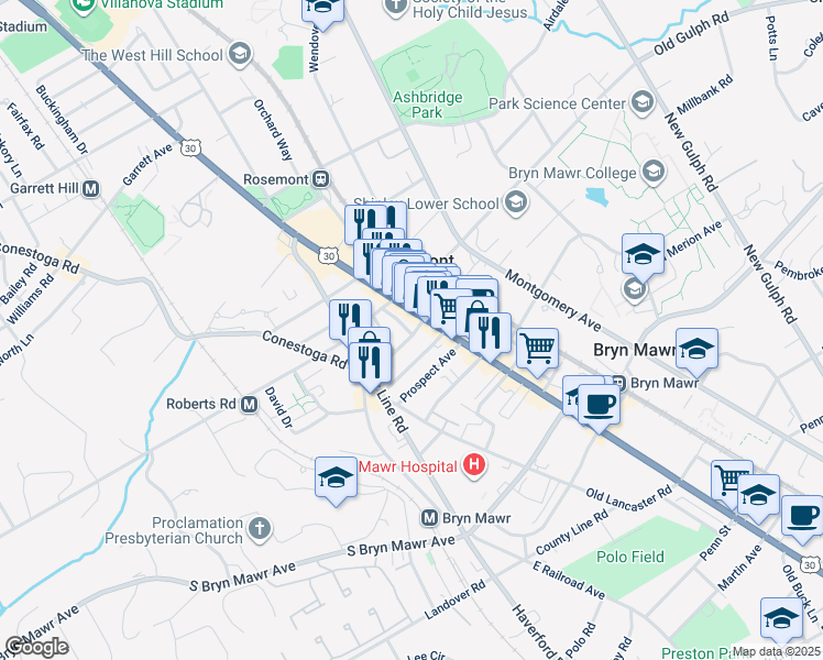 map of restaurants, bars, coffee shops, grocery stores, and more near 29 Thomas Avenue in Bryn Mawr