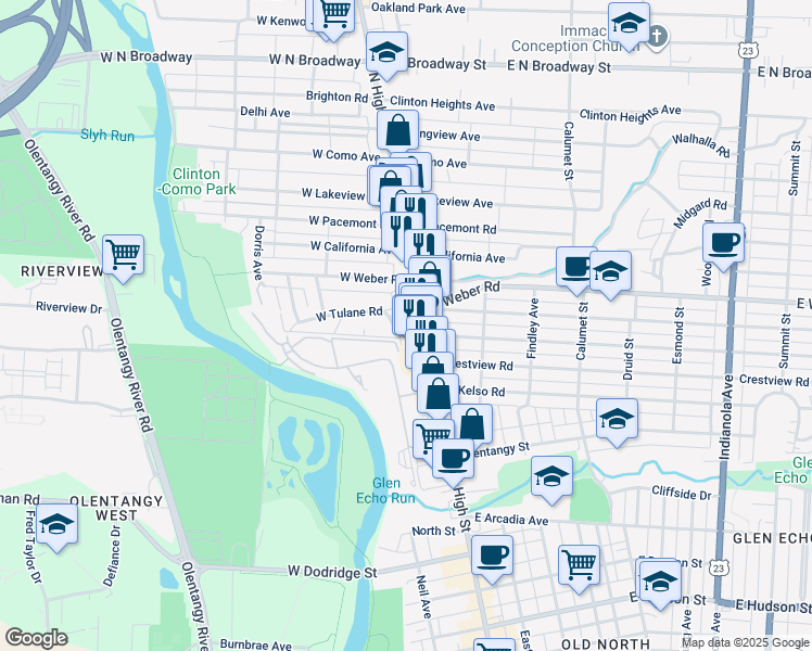 map of restaurants, bars, coffee shops, grocery stores, and more near 29 West Tulane Road in Columbus