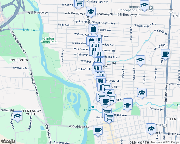 map of restaurants, bars, coffee shops, grocery stores, and more near 2982 Neil Avenue in Columbus