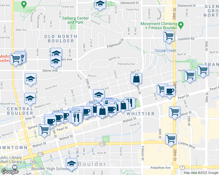 map of restaurants, bars, coffee shops, grocery stores, and more near Mapleton Avenue & 22nd Street in Boulder