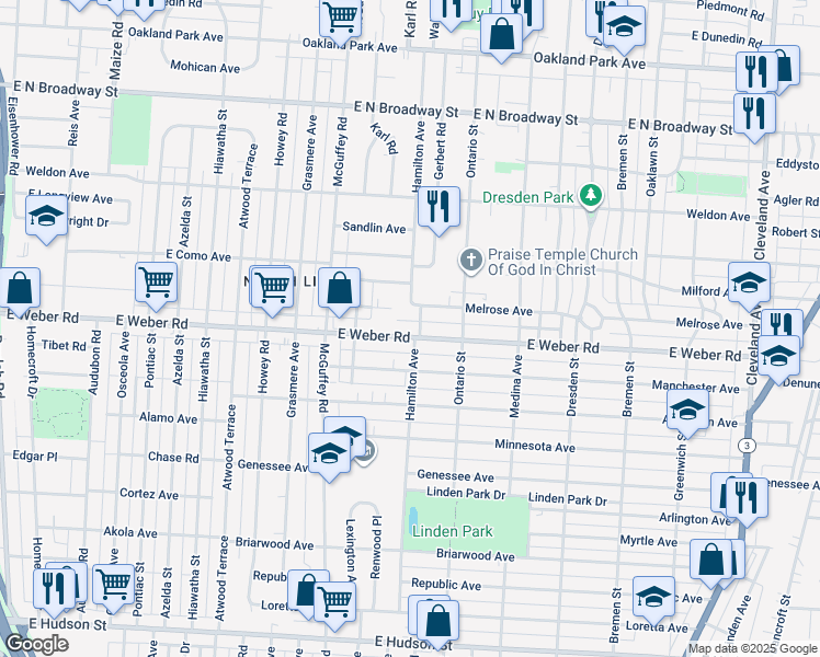 map of restaurants, bars, coffee shops, grocery stores, and more near 1247 East Weber Road in Columbus