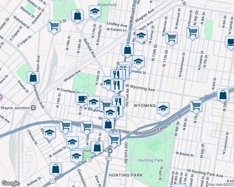 map of restaurants, bars, coffee shops, grocery stores, and more near 4600 South Broad Street in Philadelphia
